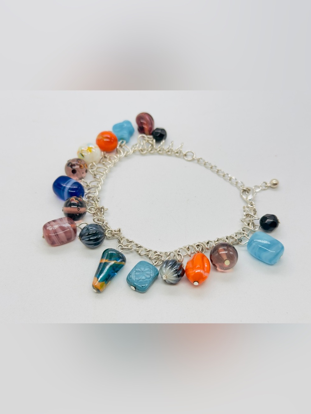 Silver Tone Art Glass Bead Charm Necklace Multicolor Murano Style